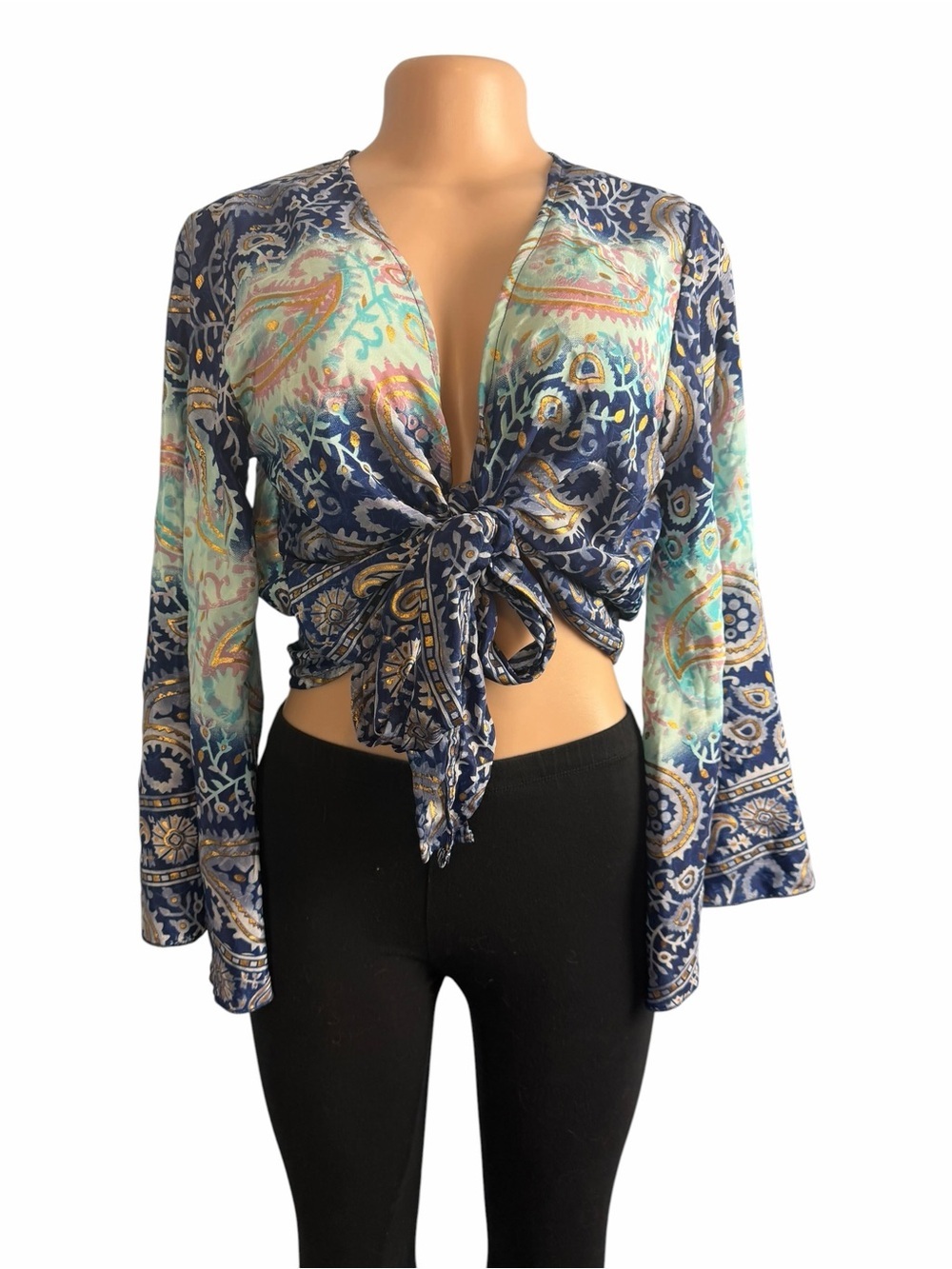 Tie Front Paisley Print Silk Blend Crop Top Blue Multi Belle Sleeves - Picture 2 of 10